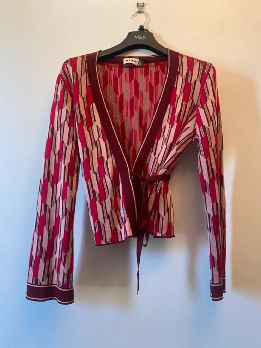 RIXO Burgundy Pink Geometric Print Wrap Cardigan, XS